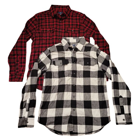 2 George Plaid Flannel Shirts M 38-40 Red Black White Black Lumberjack Rustic Wi - Picture 1 of 13